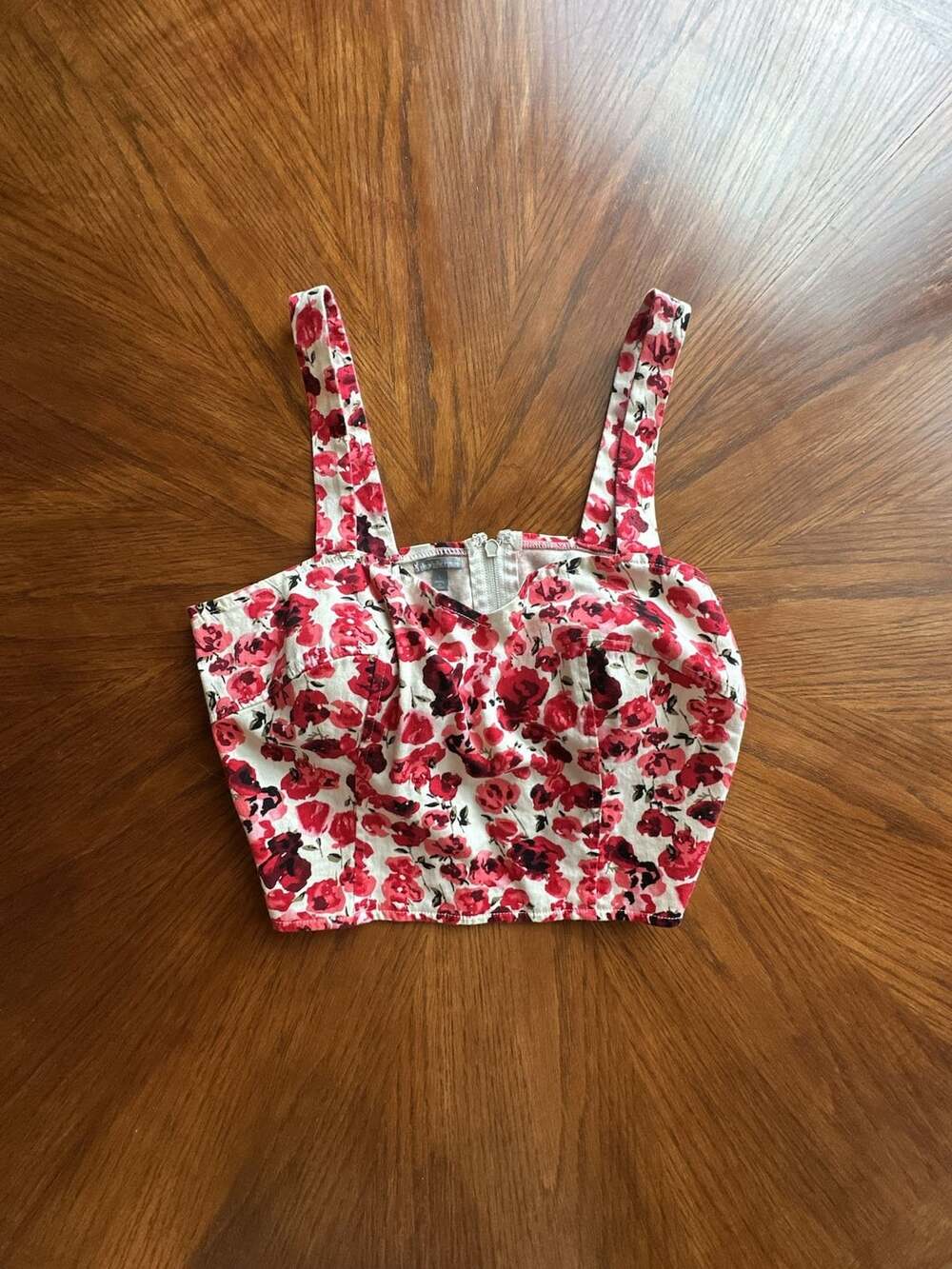Charlotte Russe Red Floral Print Crop Top Bustier with Back Zipper Size L